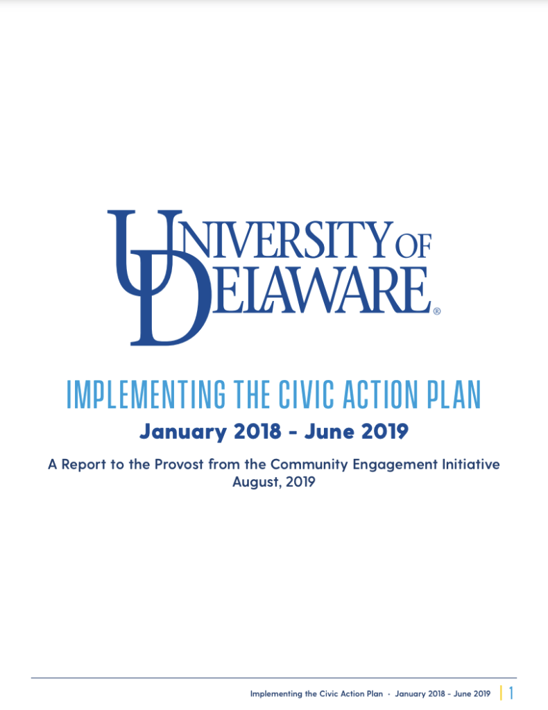 Cover of the University of Delaware Implementing the Civic Action Plan January 2018-June 2019 document